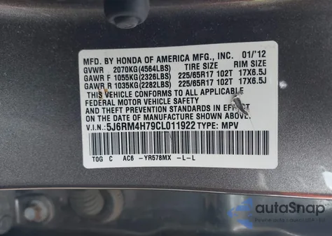 2012 Honda Cr-V Ex-L z USA, uszkodzony, nr VIN 5J6RM4H79CL011922